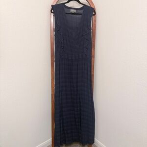 Michael Stars Plisse Stripe Ruffle Sleeveless Maxi Dress Navy Blue Size LG NWOT